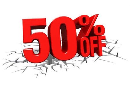 3D render red text 50 percent off on white crack hole background with reflection.
